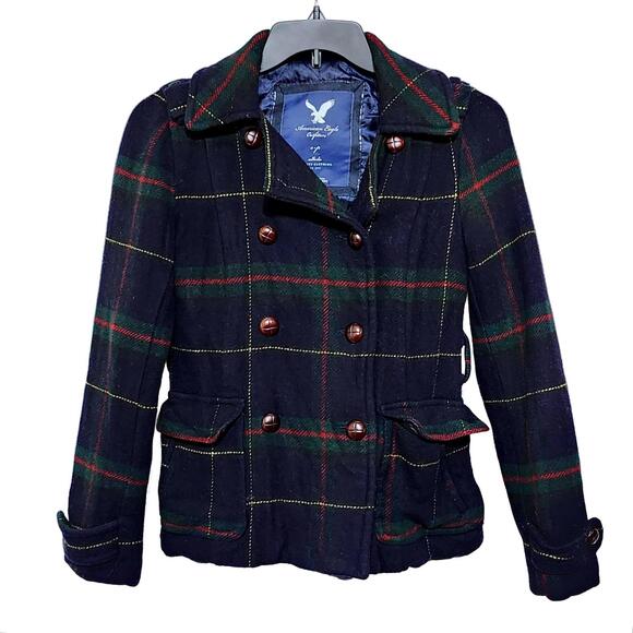 AMERICAN‎ EAGLE OUTFITTERS Y2K PLAID WOOL DOUBLE BREASTED PEA COAT WOMENS SMALL - Picture 1 of 10